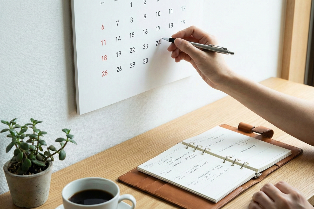 カレンダーと手帳でスケジュール管理をする様子