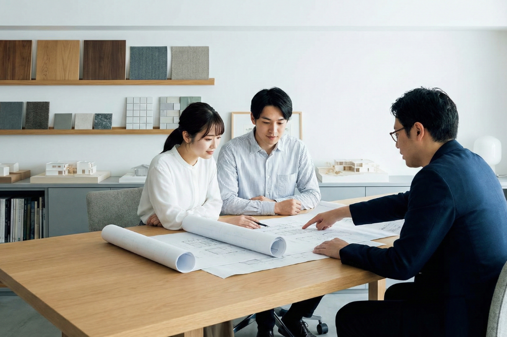 住宅会社のオフィスで設計図を見ながら打ち合わせる夫婦と担当者