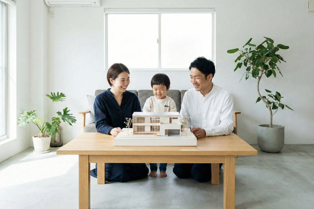 家族が笑顔で家の模型を見ている様子