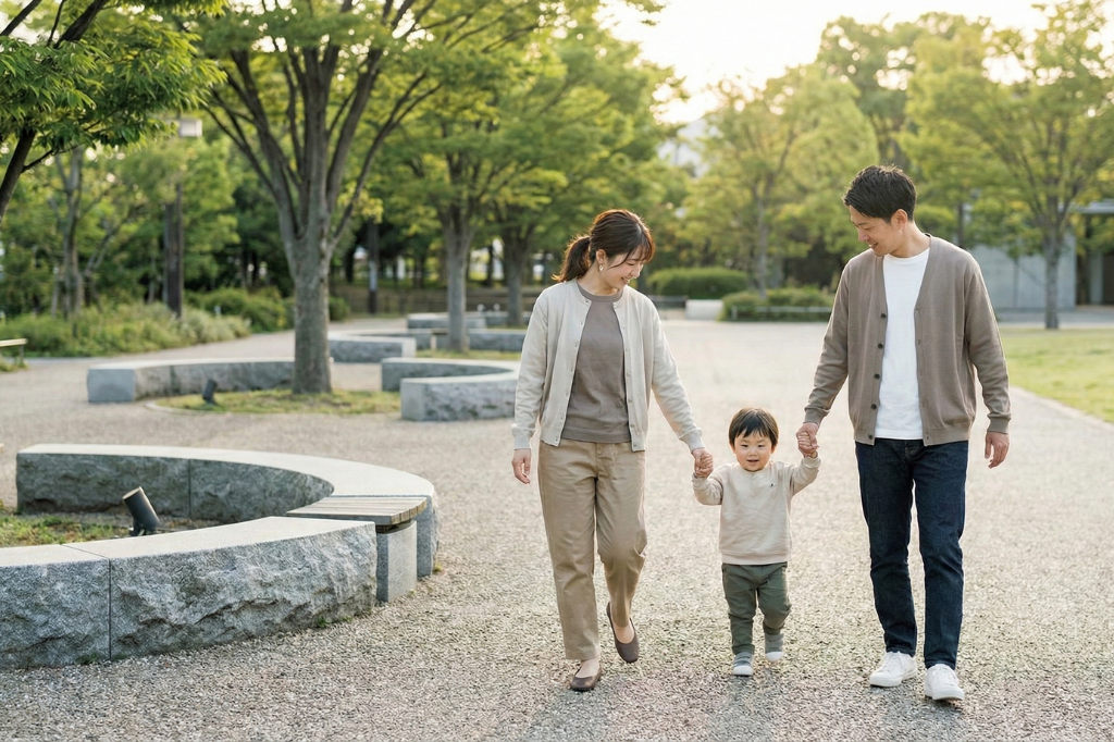 公園で遊ぶ若い親子3人家族