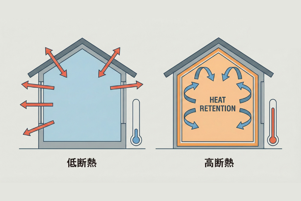 断熱等級による熱損失の違いイメージ図