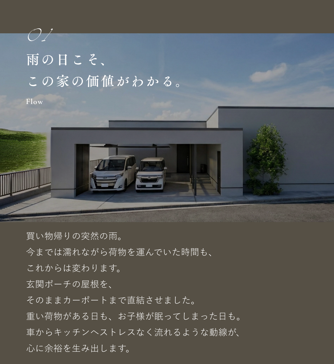 雨の日も濡れないカーポート直結の動線。玄関ポーチの屋根が伸びる平屋の外観パース。家事ラク動線の紹介