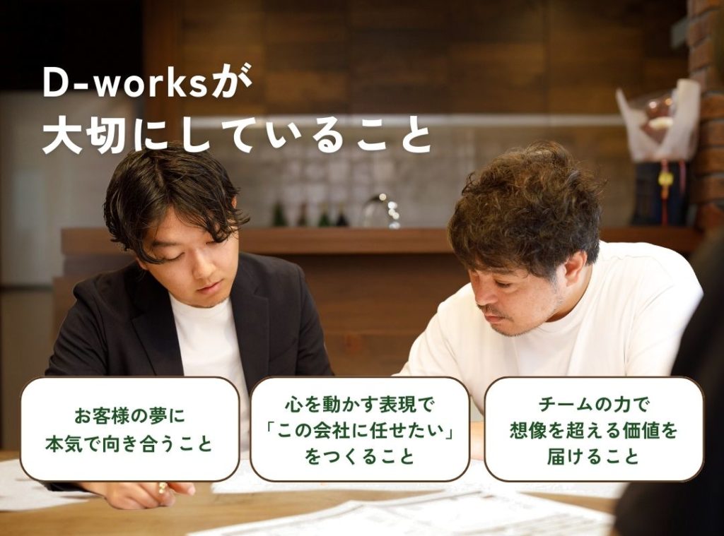 D-works homeが大切にしていること：お客様の夢に向き合う、心を動かす表現、チームの力で価値を届ける。打ち合わせ風景。