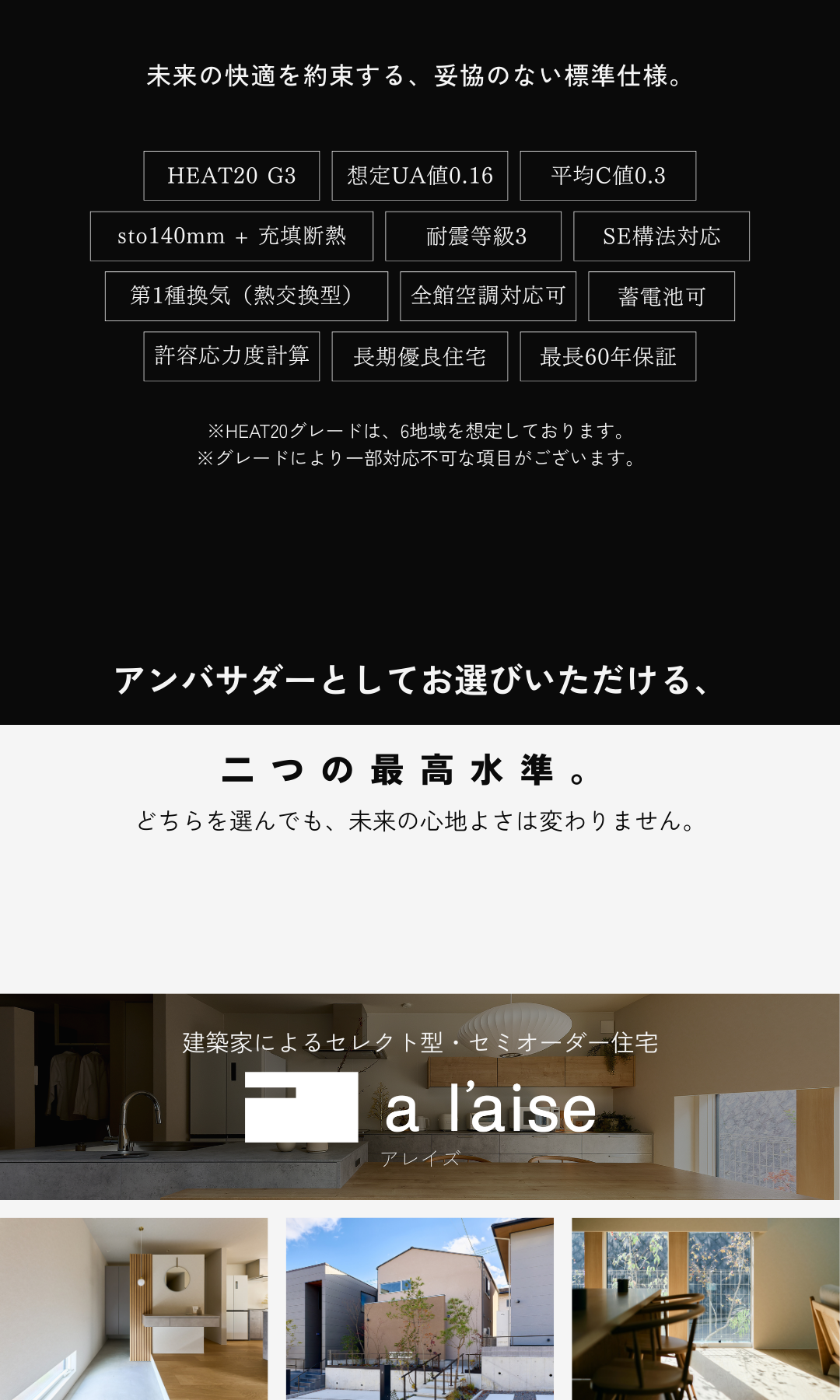 リベルテの標準仕様表。HEAT20 G3、UA値0.16、耐震等級3、第1種換気など高性能な建築スペック一覧。