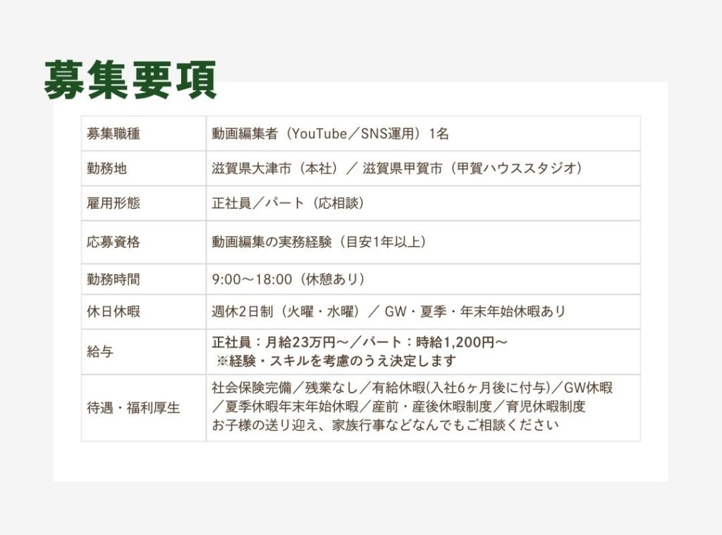 動画編集者の募集要項。勤務地：滋賀県大津市・甲賀市。正社員月給23万円〜、週休2日制（火・水）、残業なし。